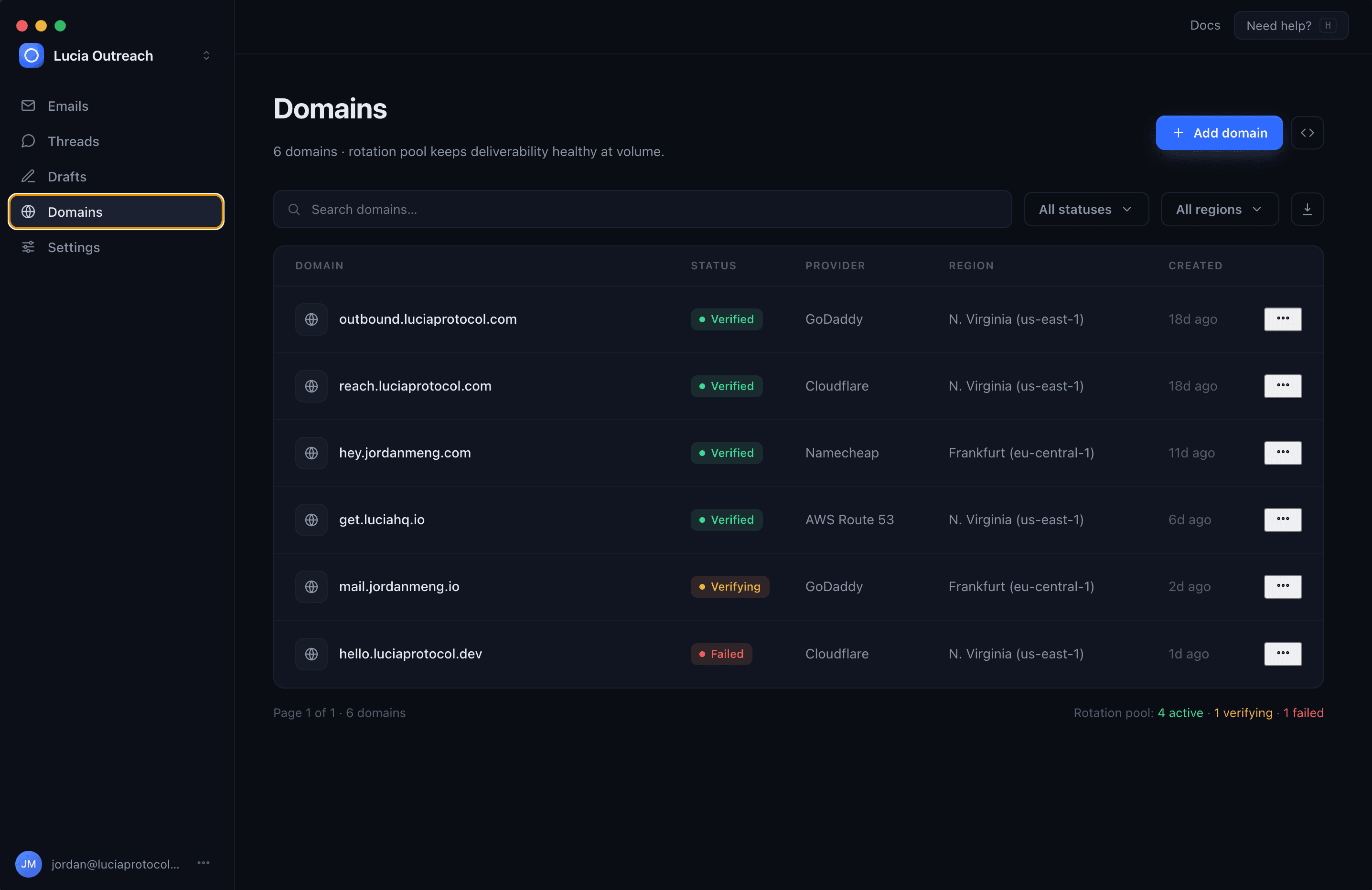 Domain management list inside the app