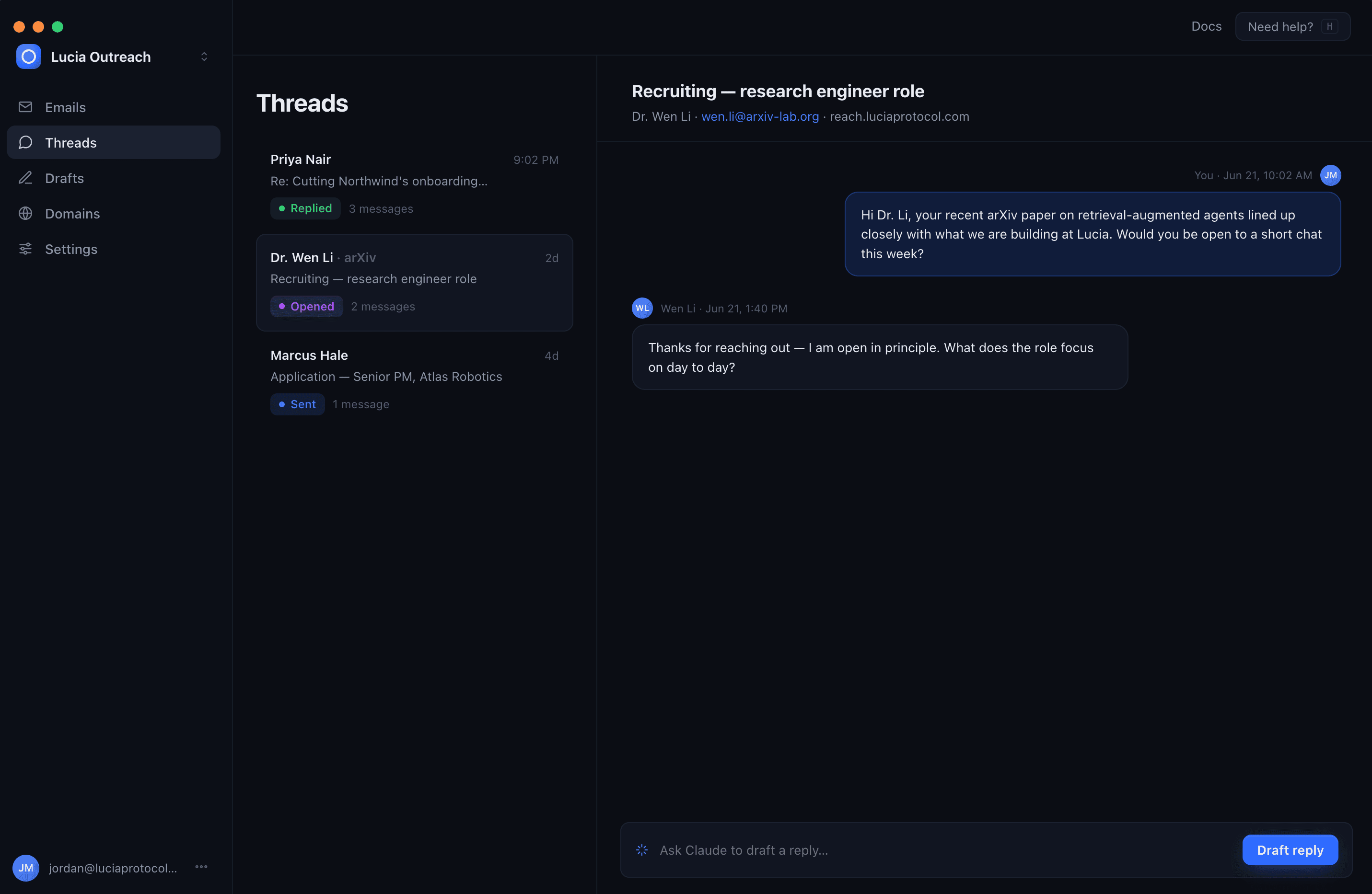 Example outreach thread with contextual personalization