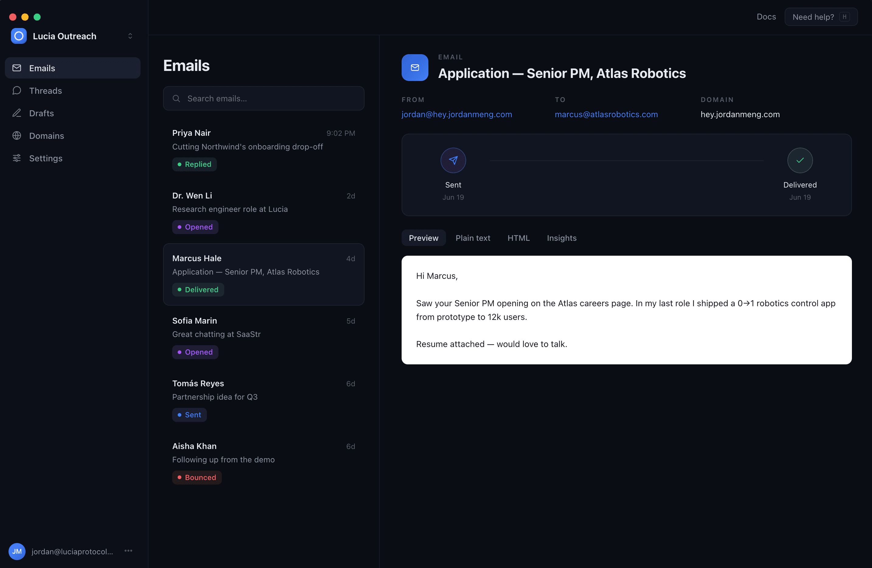 Sent outreach emails shown in sequence