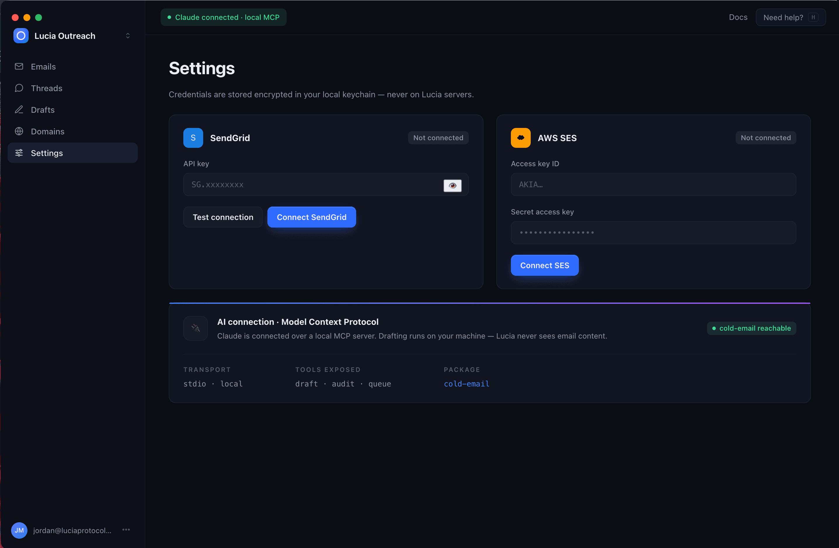 Self-service email configuration screen