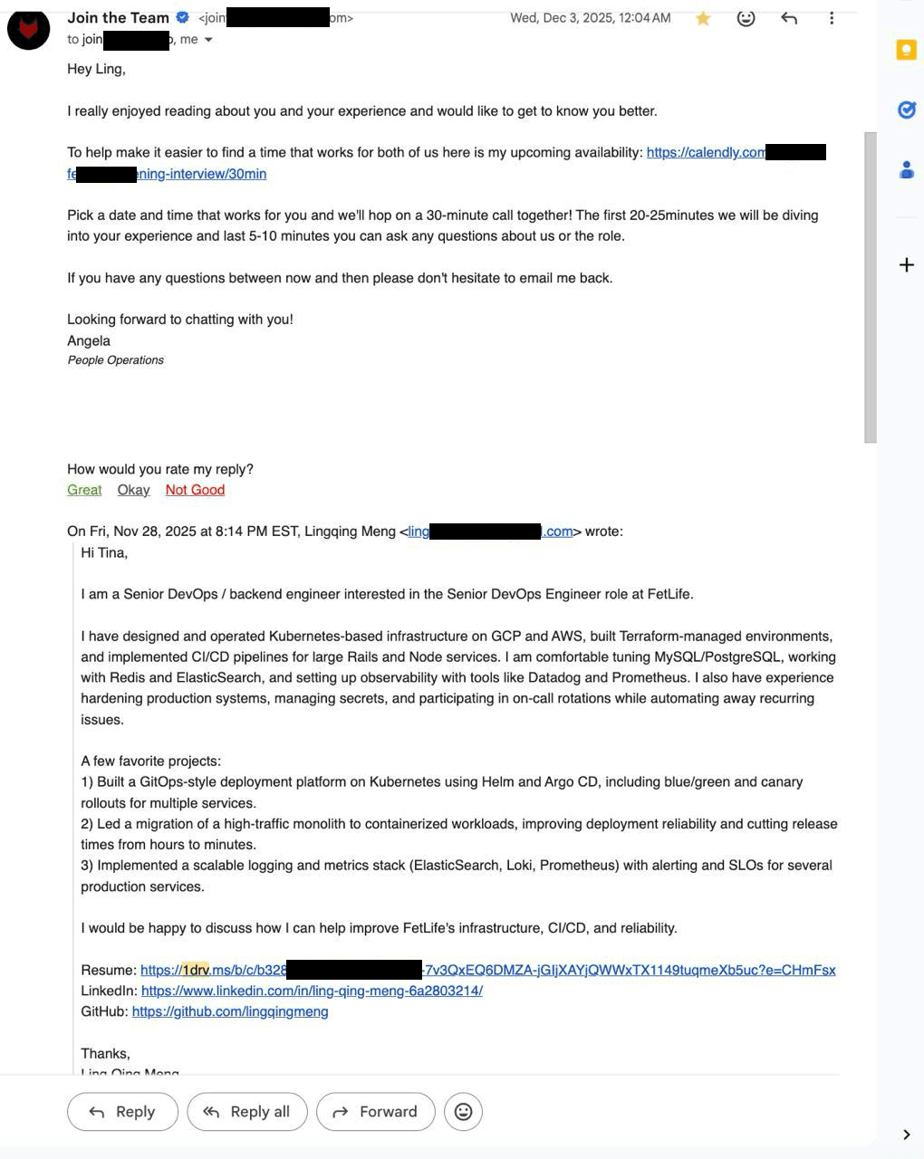 Email from FetLife People Operations inviting the candidate to schedule a 30-minute interview