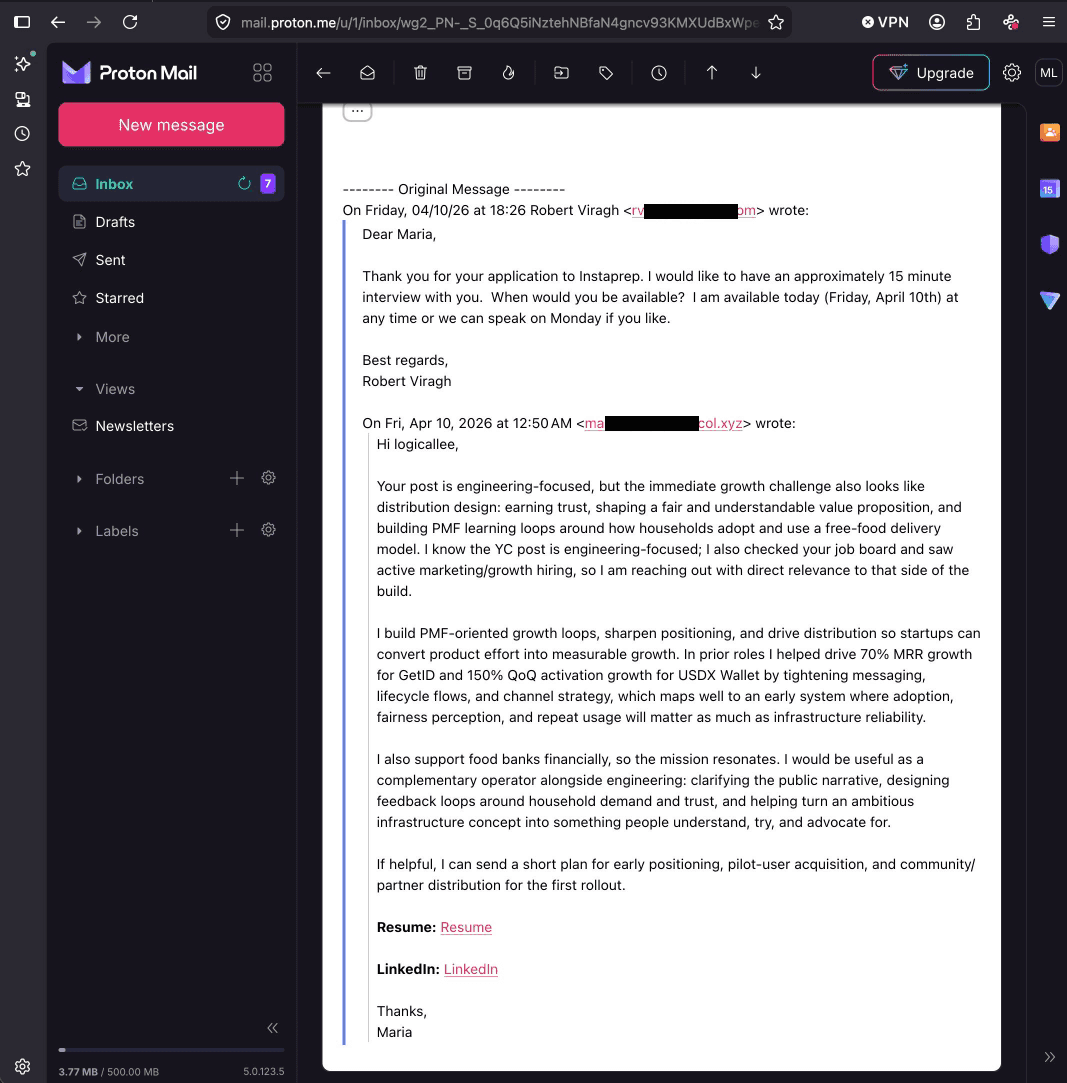 Email from Instaprep's founder offering an interview with same-day availability