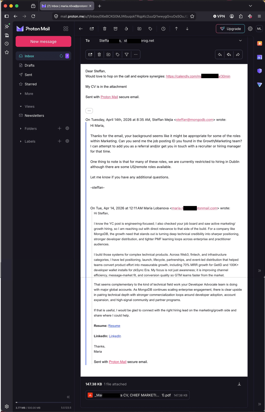 Email from a MongoDB employee offering a referral for marketing and growth roles