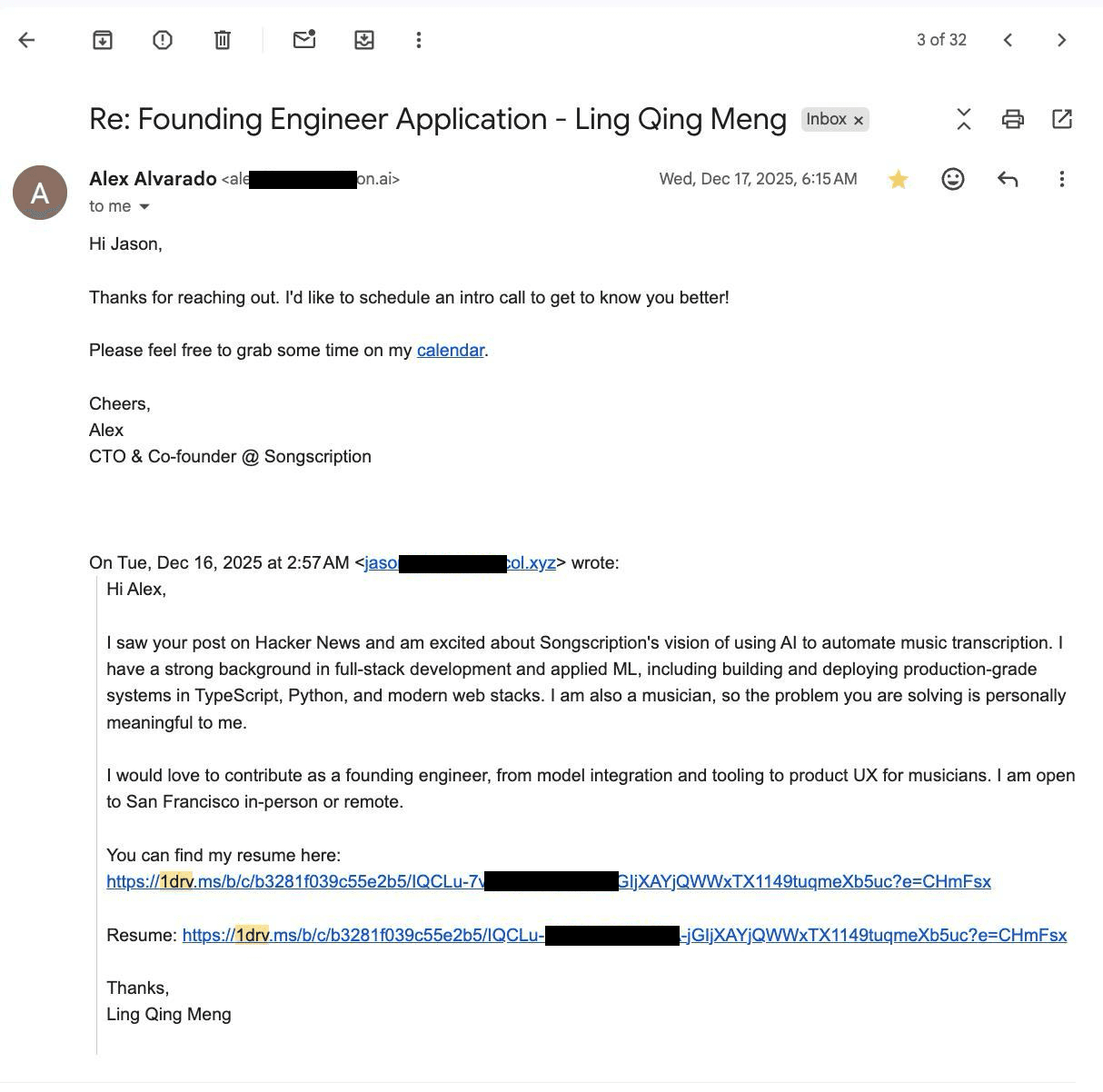 Email from Songscription's CTO scheduling an intro call for a founding engineer application