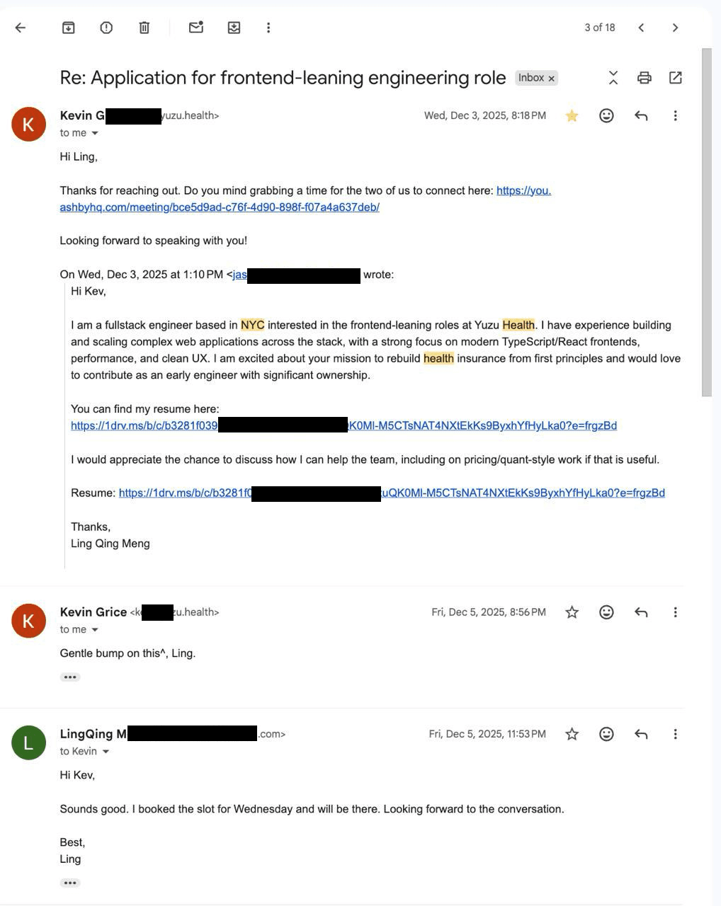 Email thread where Yuzu Health replies to a cold application with an interview booking link