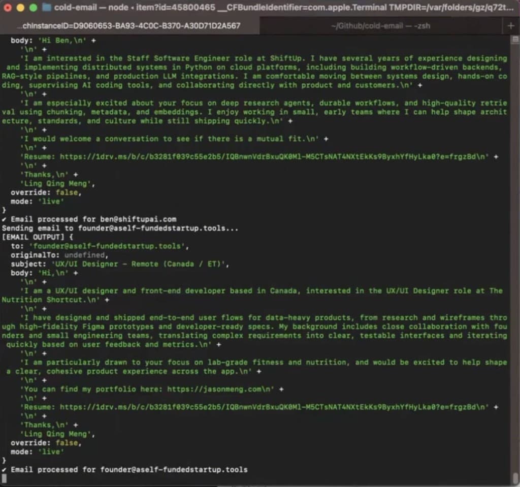 Terminal logs showing generated personalized outreach and processed emails